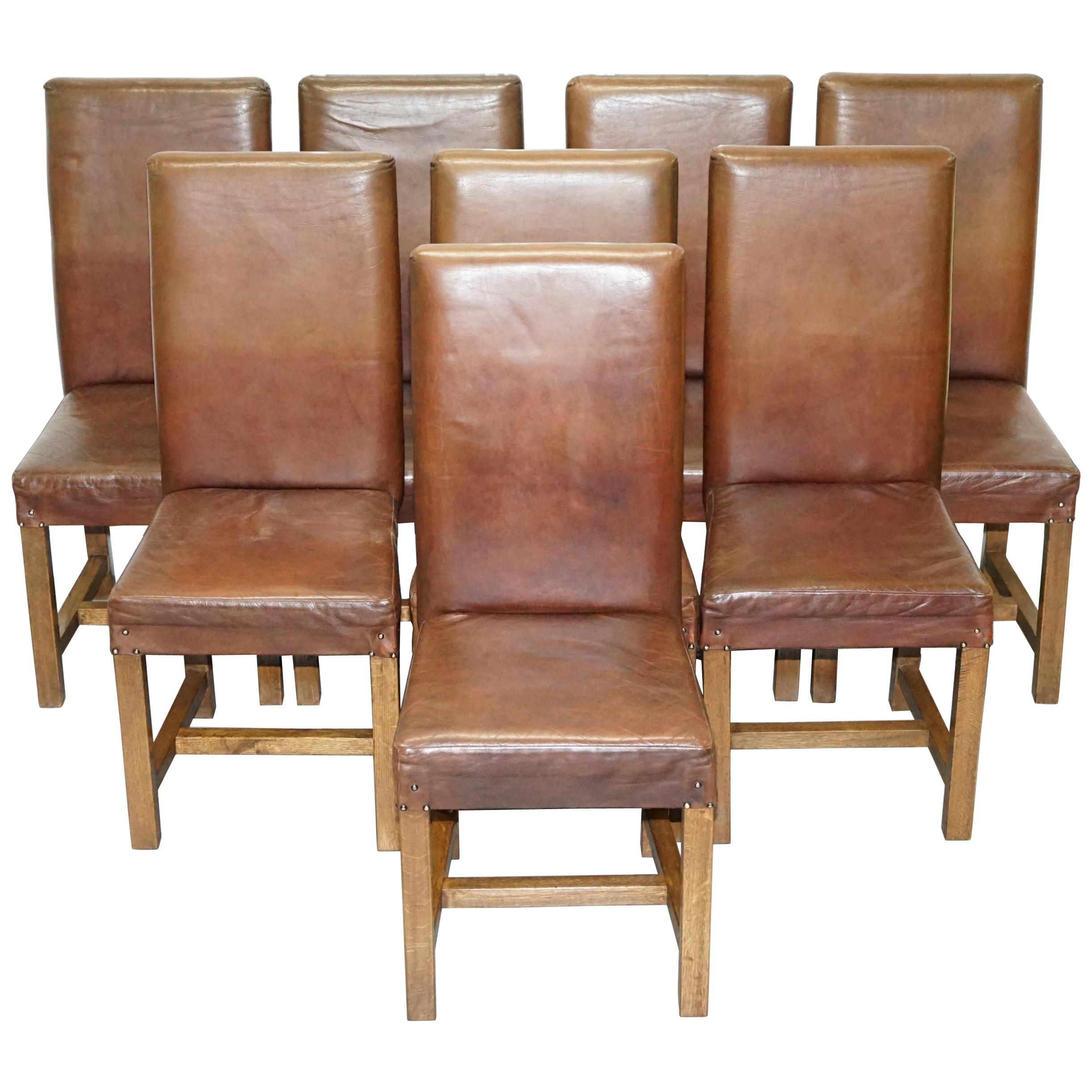 Set of 8 Halo Soho High Back Brown Leather Dining Chairs Oak Frames