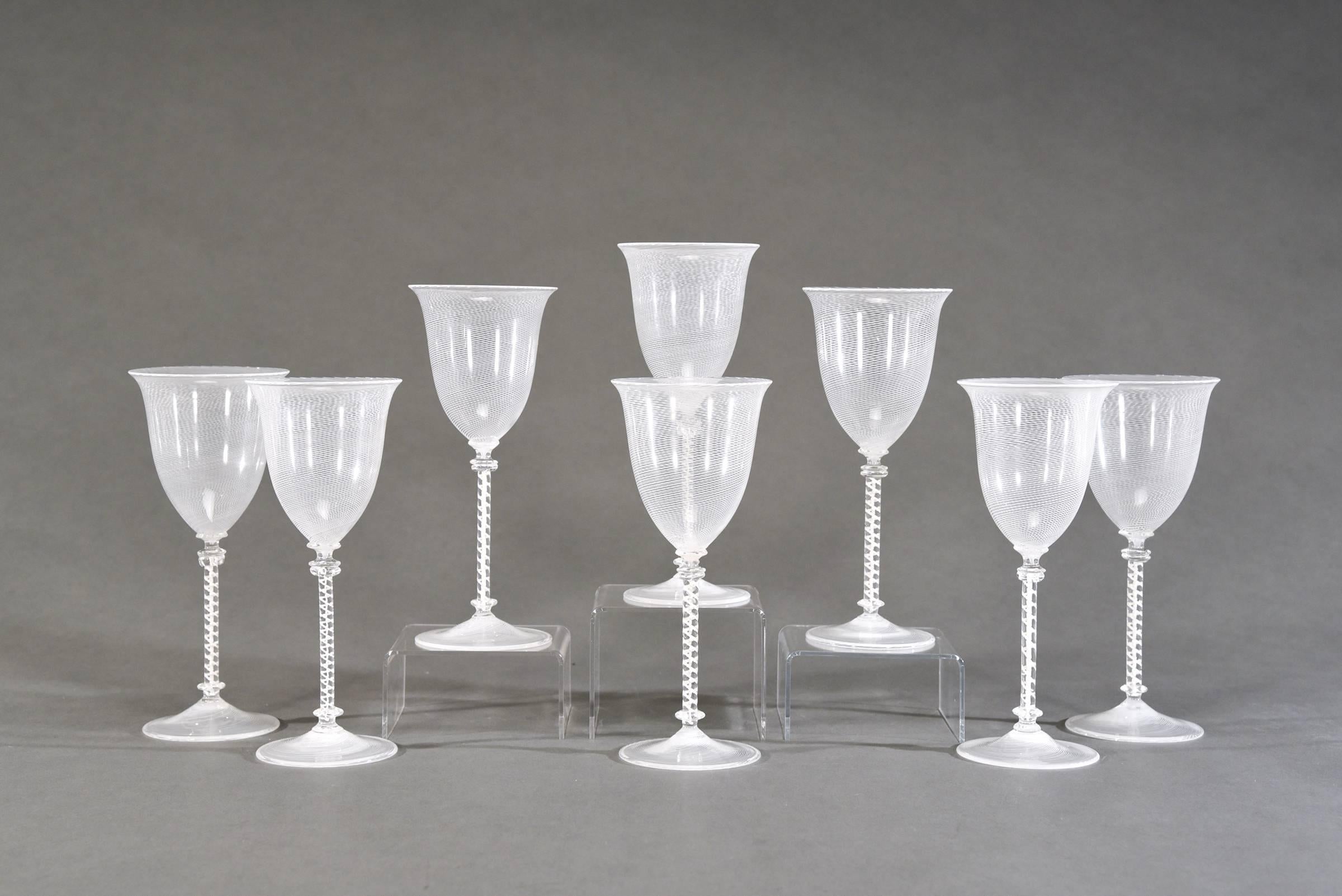 Mid-20th Century Set 7 Hand Blown Cenedese/Scarpa Murano White Threaded Filligrana  Wine Goblets For Sale