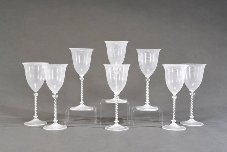 Mid-20th Century Set of 8 Hand Blown Cenedese Murano White Threaded Filligrana Tall Wine Goblets For Sale