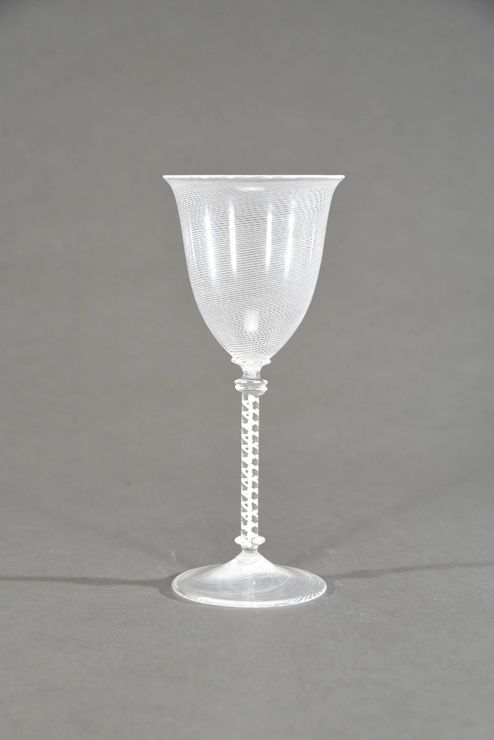 Blown Glass Set 7 Hand Blown Cenedese/Scarpa Murano White Threaded Filligrana  Wine Goblets For Sale
