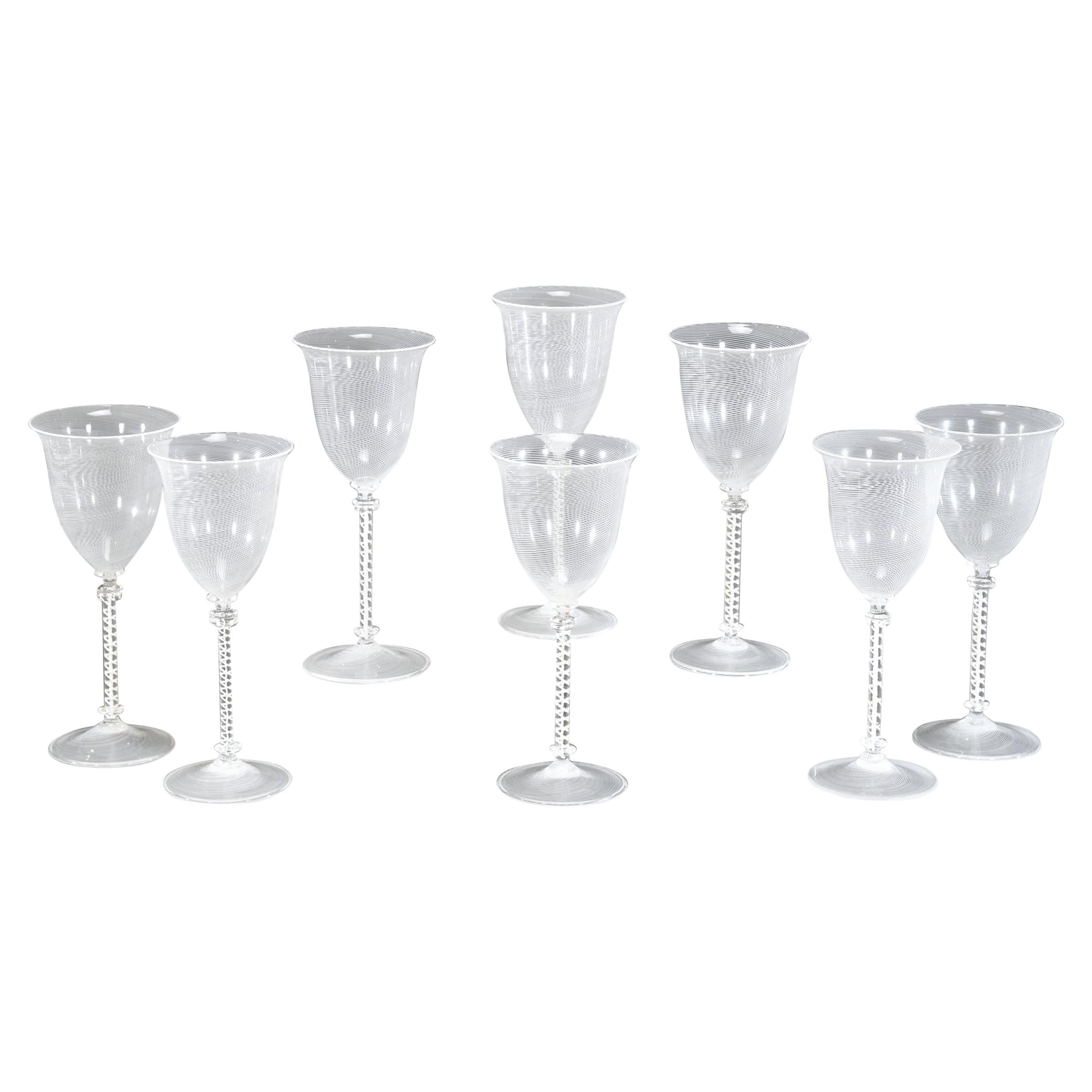 Set 7 Cenedese/Scarpa Soplado a Mano Murano Blanco Rosca Filligrana  Copas de vino