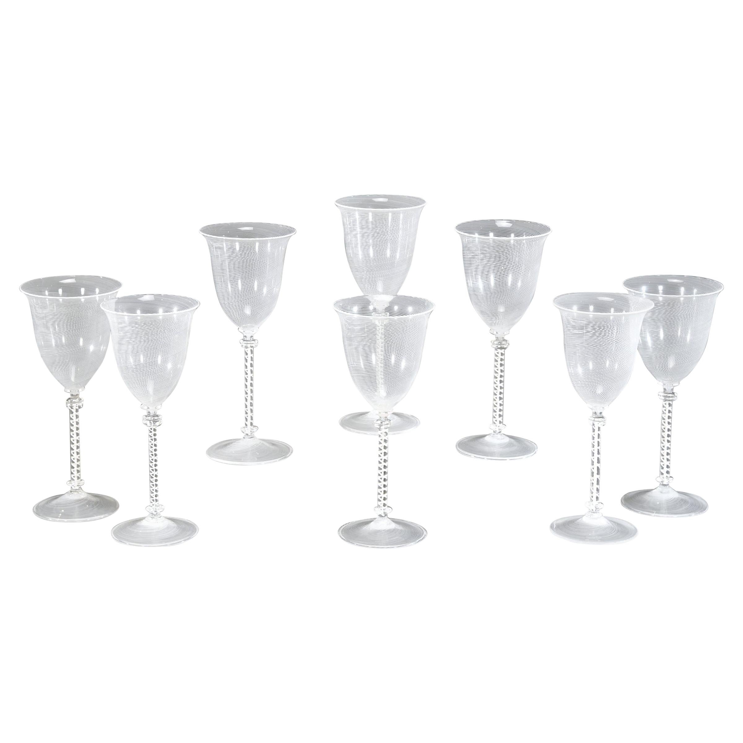 Set 7 Hand Blown Cenedese/Scarpa Murano White Threaded Filligrana  Wine Goblets For Sale