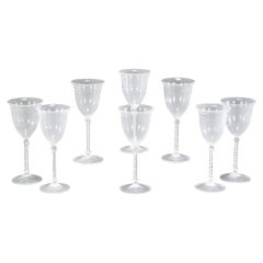 Vintage Set 7 Hand Blown Cenedese/Scarpa Murano White Threaded Filligrana  Wine Goblets