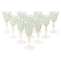Set of 8 Hand-Blown Murano Latticino Blue & Chartreuse Wine Glasses W/ 24K Gold