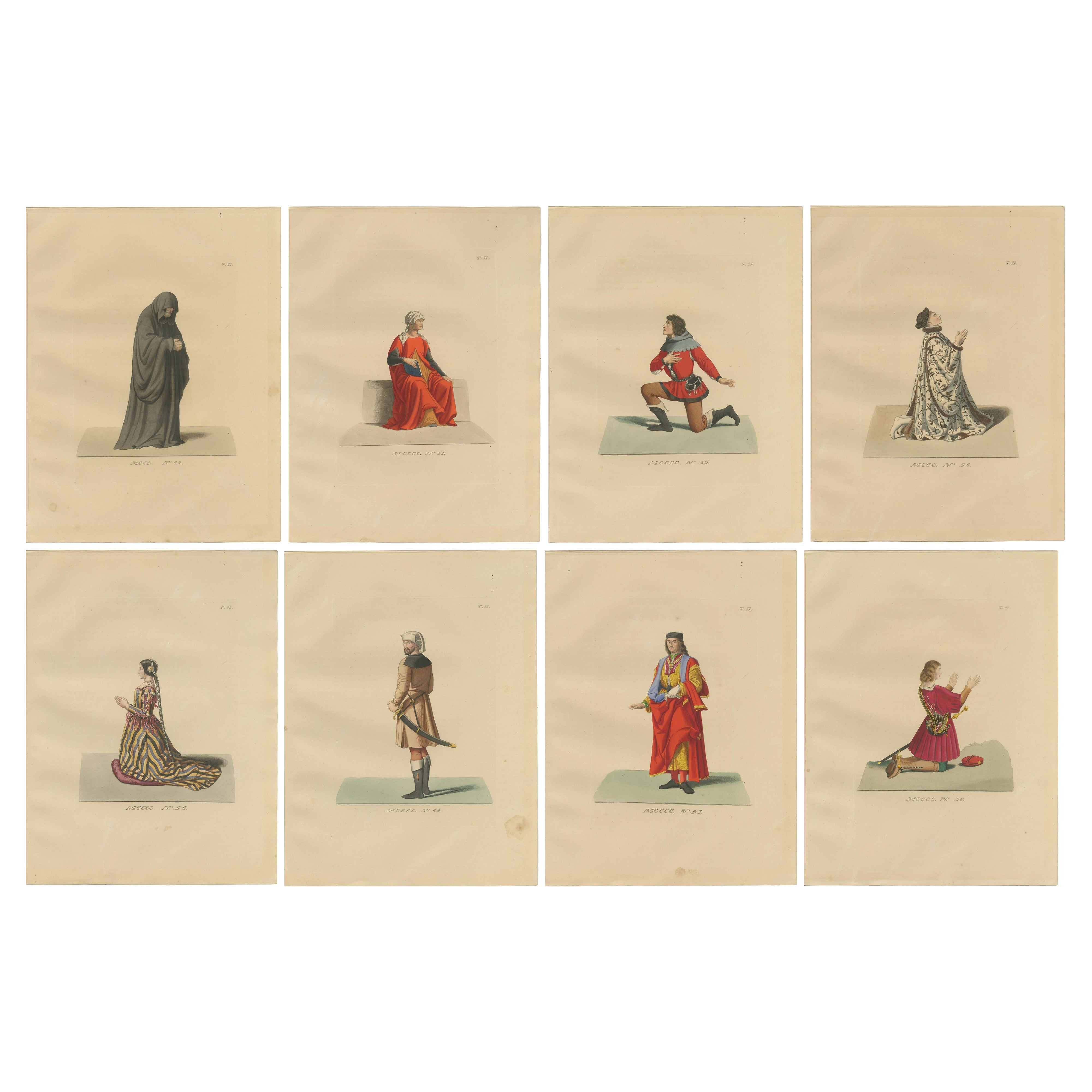 Set of 8 Hand-Colored Lithographs, Medieval Costume Studies, 1860