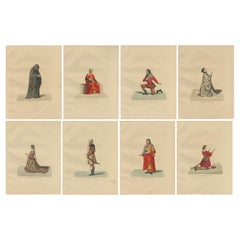 Set di 8 litografie colorate a mano, studi sui costumi medievali, 1860 Set di 8 litografie colorate a mano, studi sui costumi medievali, 1860