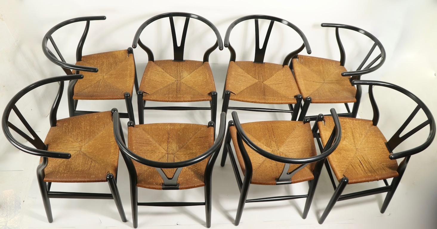 Ebonized Set of 8 Hans Wegner Carl Hansen CH 24 Wishbone Y Chairs in Black Finish
