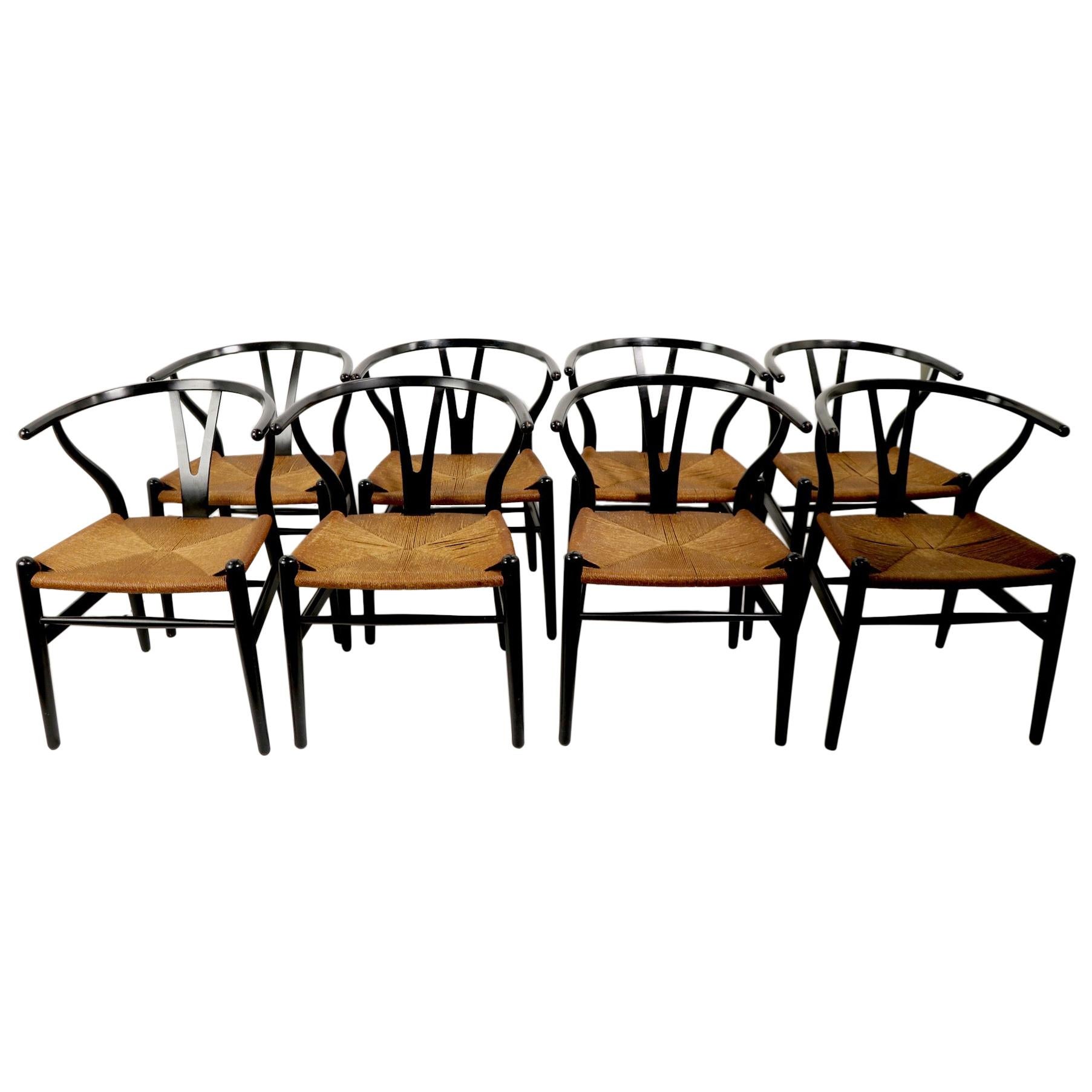 Set of 8 Hans Wegner Carl Hansen CH 24 Wishbone Y Chairs in Black Finish