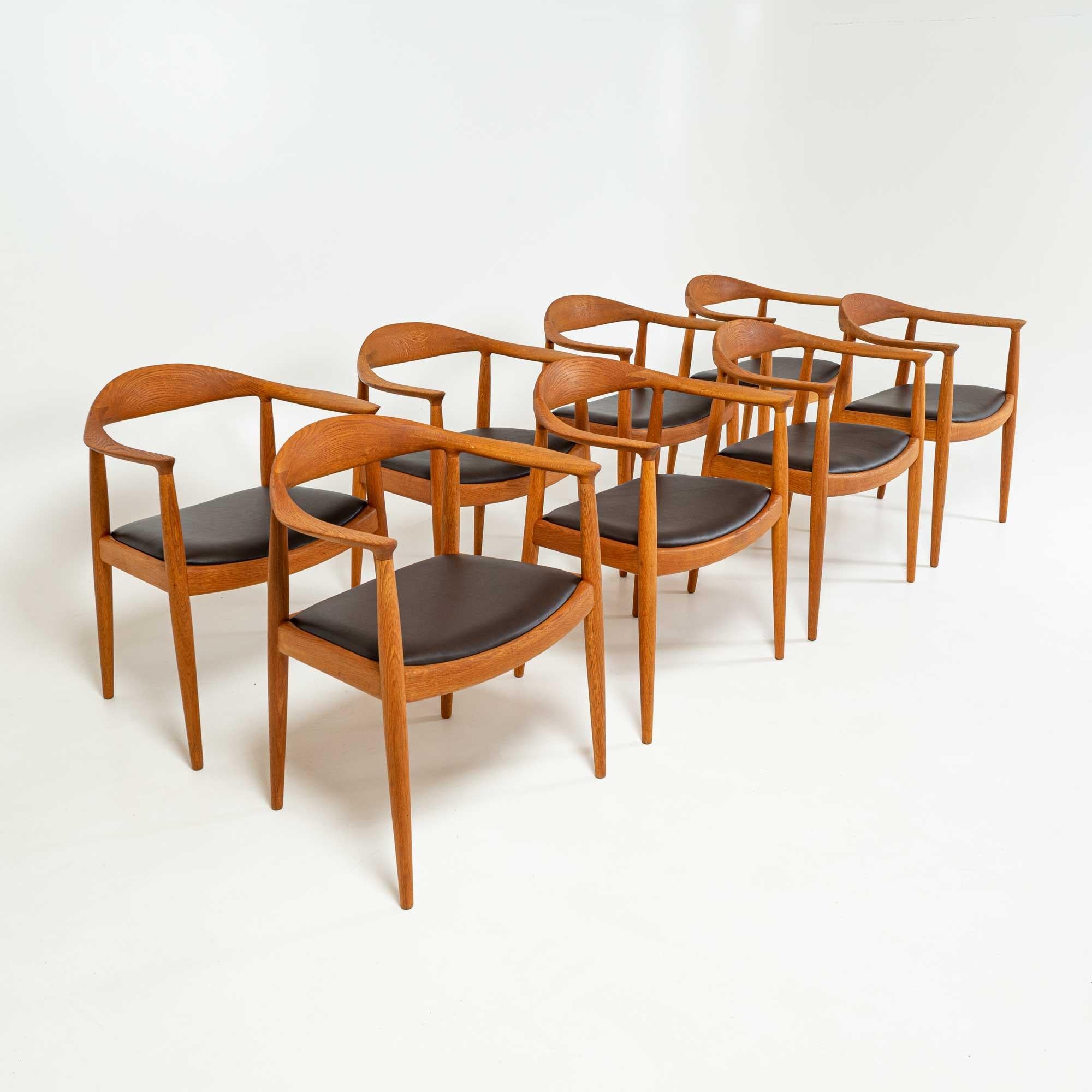 Danish Set of 8 Hans Wegner JH503 Round Chairs in Oak & Edelman Chocolate Leather