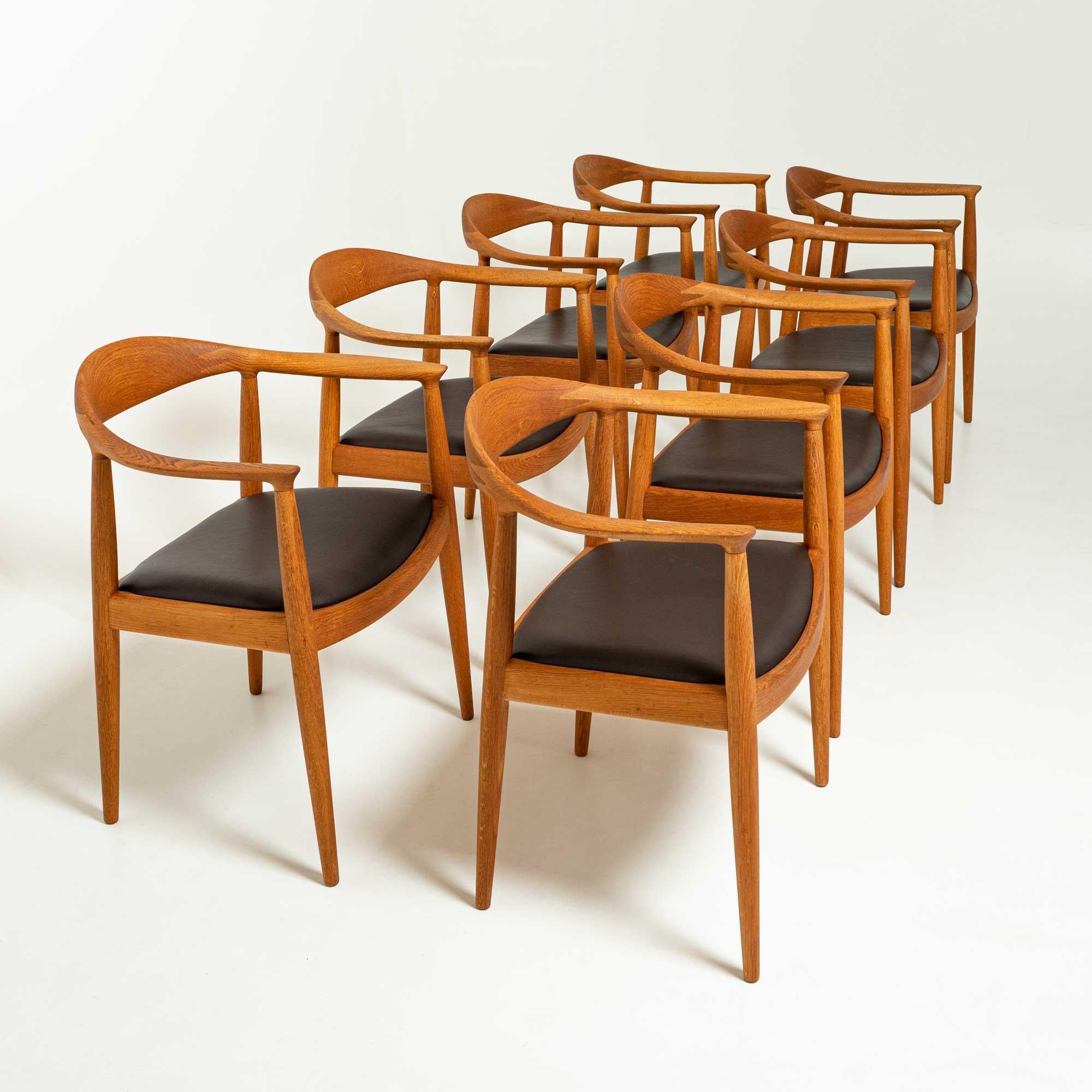 Other Set of 8 Hans Wegner JH503 Round Chairs in Oak & Edelman Chocolate Leather