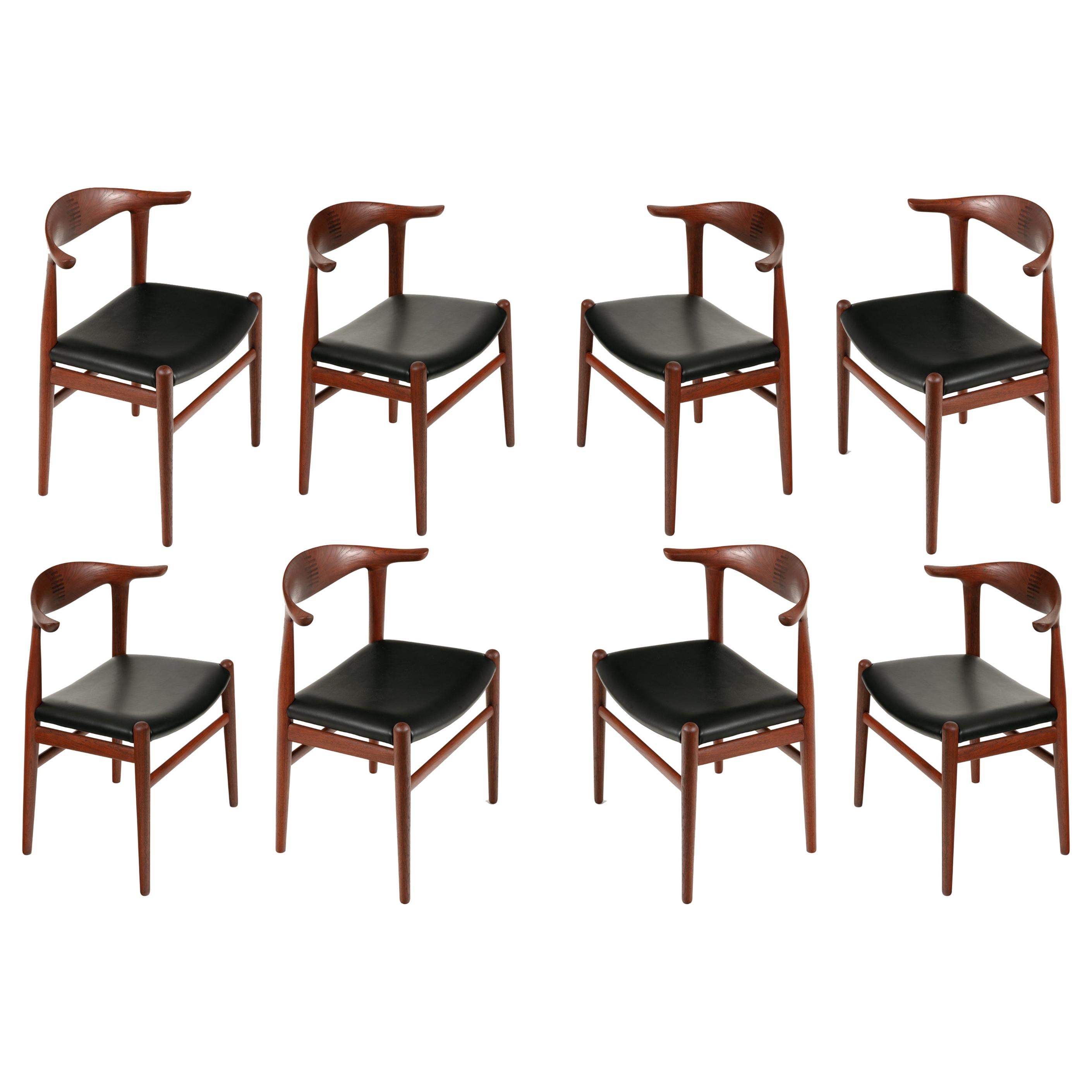 Set of 8 Hans Wegner PP505 Teak & Black Leather "Cow Horn" Chairs, Denmark 1950s