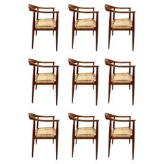 Set of 9 Hans Wegner Round Chairs with New Cane Seats in Teak