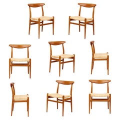 Set of 8 Hans Wegner "W2" Cane Seat Dining Chairs