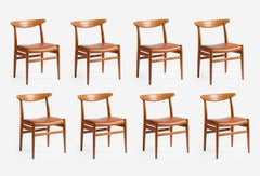 Set of 8 Hans Wegner W2 Oak and Leather Dining Chairs