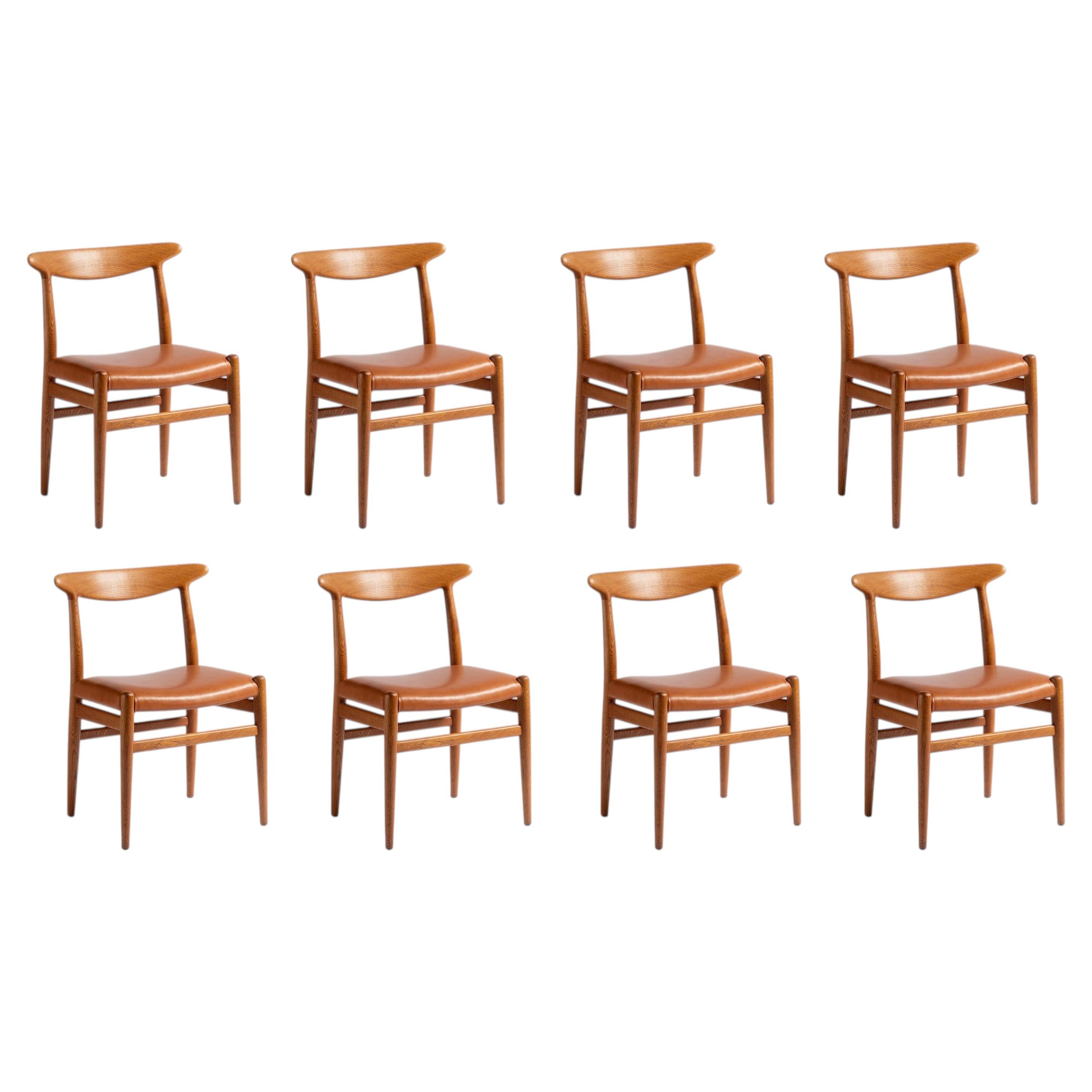 Set of 8 Hans Wegner W2 Oak and Leather Dining Chairs