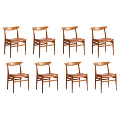 Set of 8 Hans Wegner W2 Oak and Leather Dining Chairs