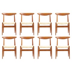 Ensemble de 8 chaises de salle à manger Hans Wegner W2 en chêne et rotin