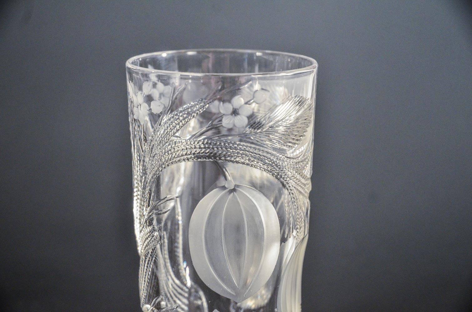 Engraved  Set of Eight Hawkes Gravic Hand Blown Crystal Tumblers and Matching Pitcher