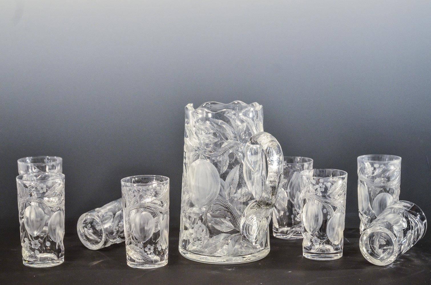  Set of Eight Hawkes Gravic Hand Blown Crystal Tumblers and Matching Pitcher 2