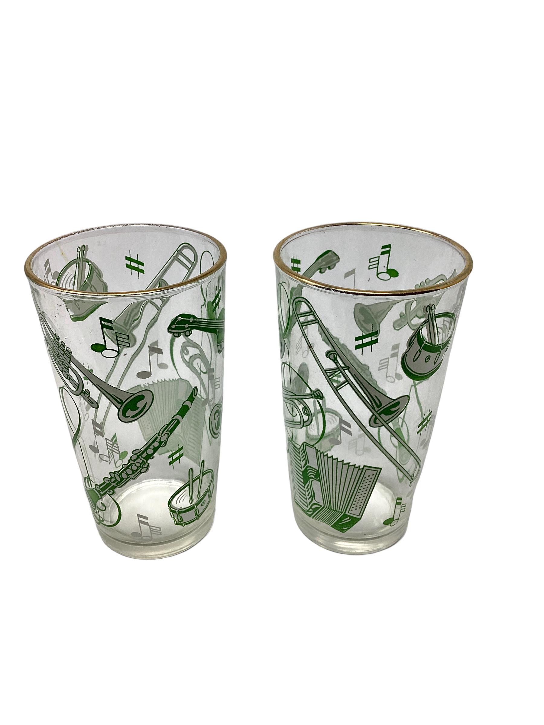 Mid-Century Modern Set of 8 Hazel-Atlas Musical Themed Highball Glasses  For Sale