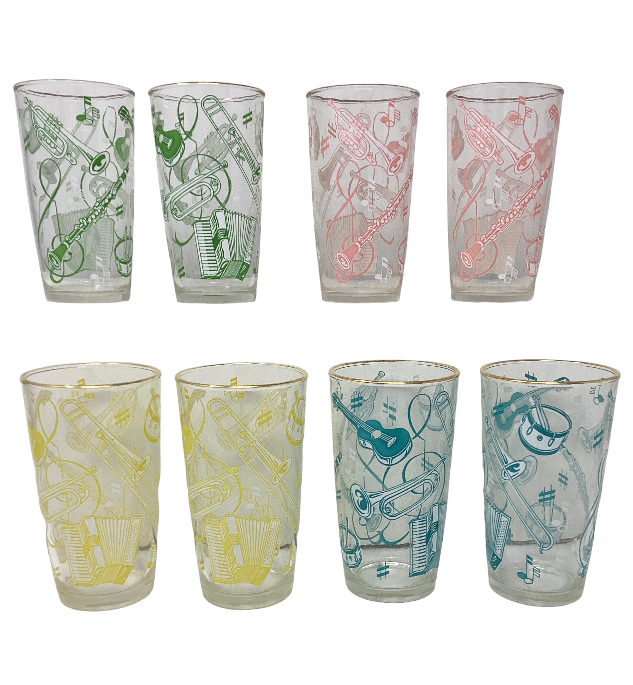 Set of 8 Hazel-Atlas Musical Themed Highball Glasses  In Good Condition For Sale In Chapel Hill, NC