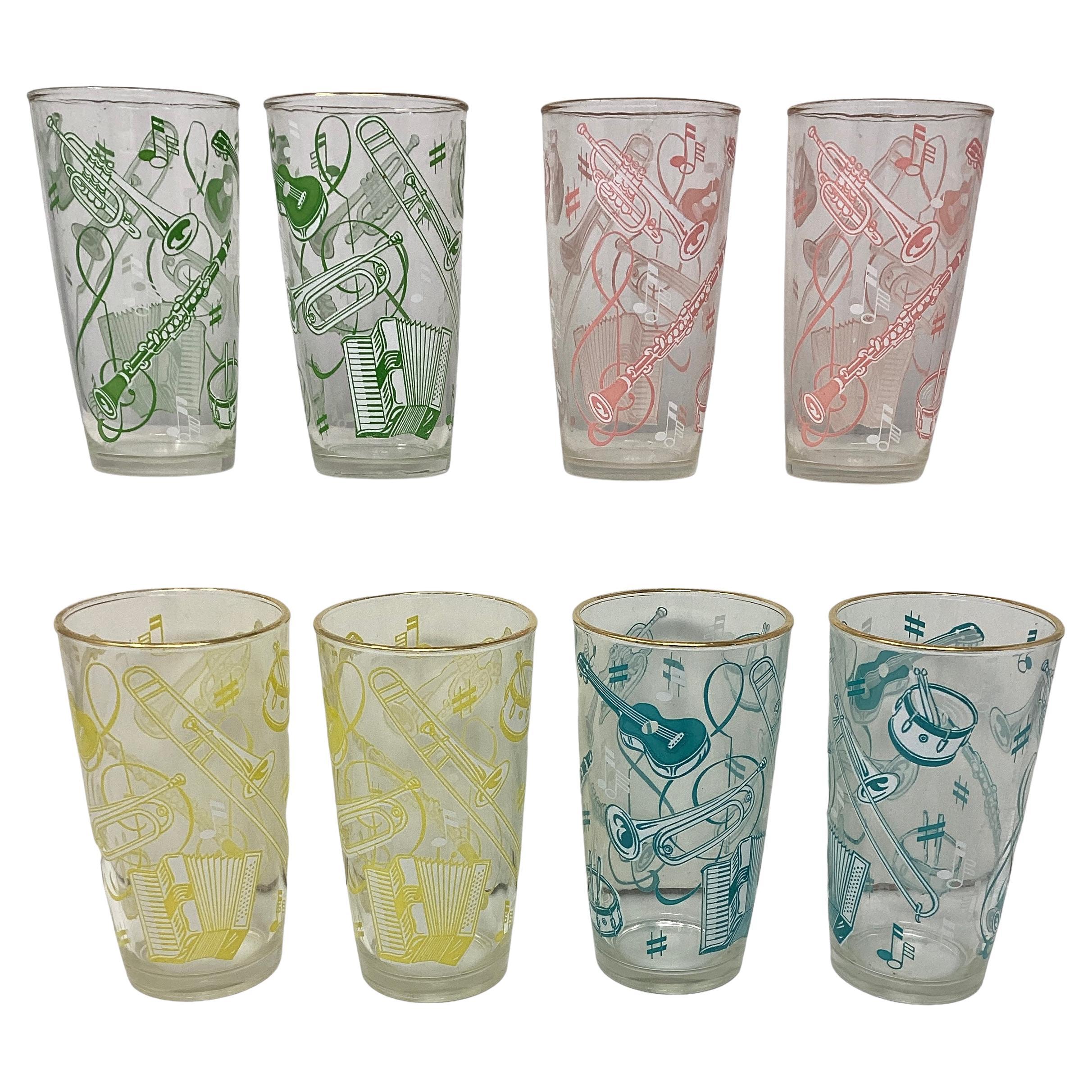 Set of 8 Hazel-Atlas Musical Themed Highball Glasses  For Sale