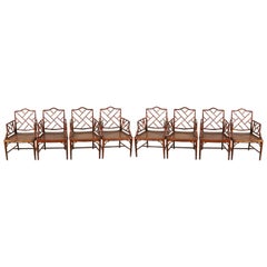 Vintage Set of 8 Hekman Chippendale Style Faux Bamboo Armchairs