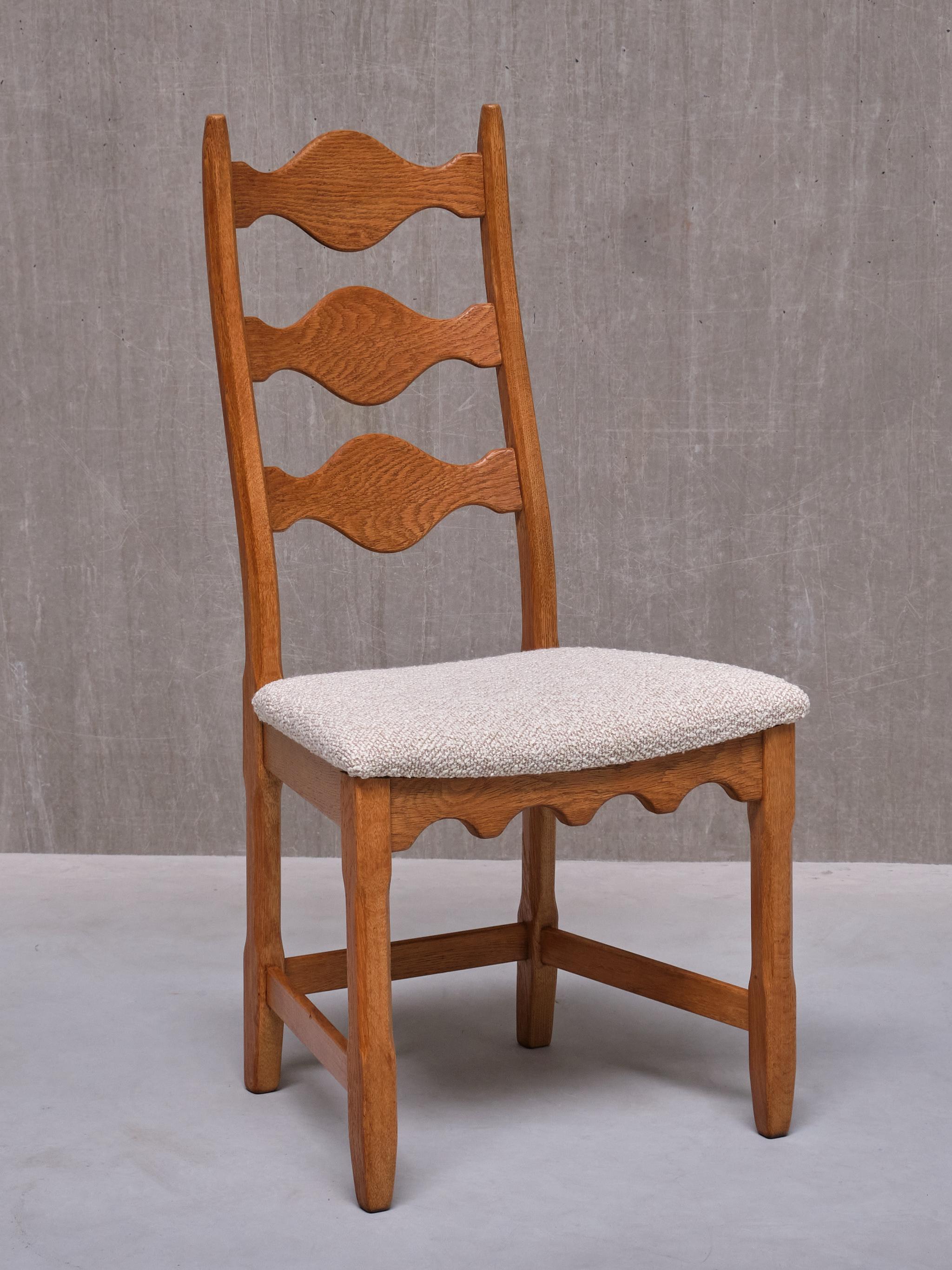 Set of 8 Henning Kjærnulf Dining Chairs, Oak and Ivory Bouclé, Denmark, 1960s 3