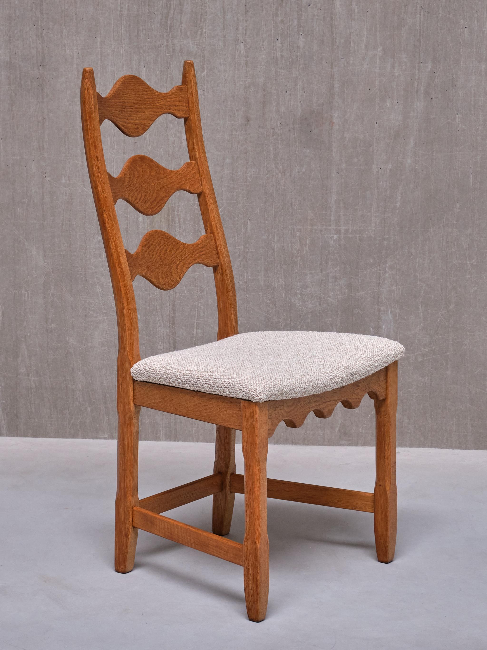 Set of 8 Henning Kjærnulf Dining Chairs, Oak and Ivory Bouclé, Denmark, 1960s 5