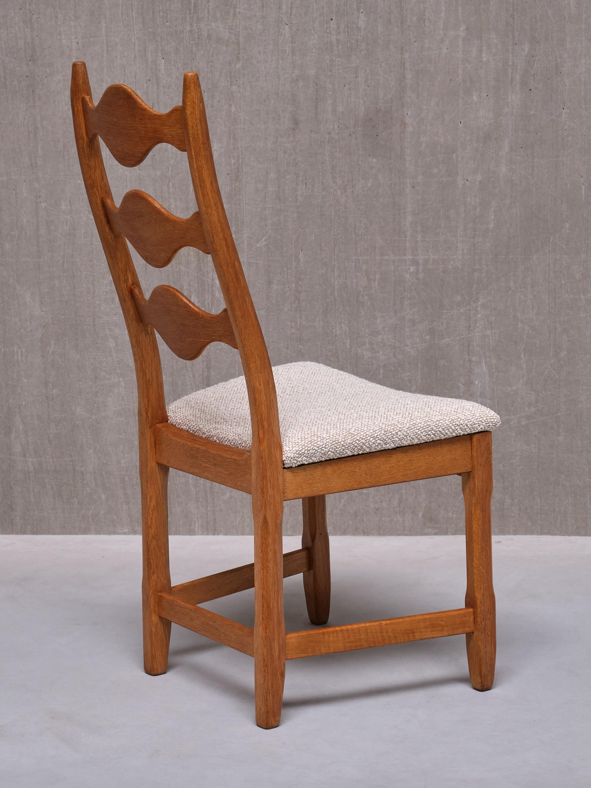 Set of 8 Henning Kjærnulf Dining Chairs, Oak and Ivory Bouclé, Denmark, 1960s 6