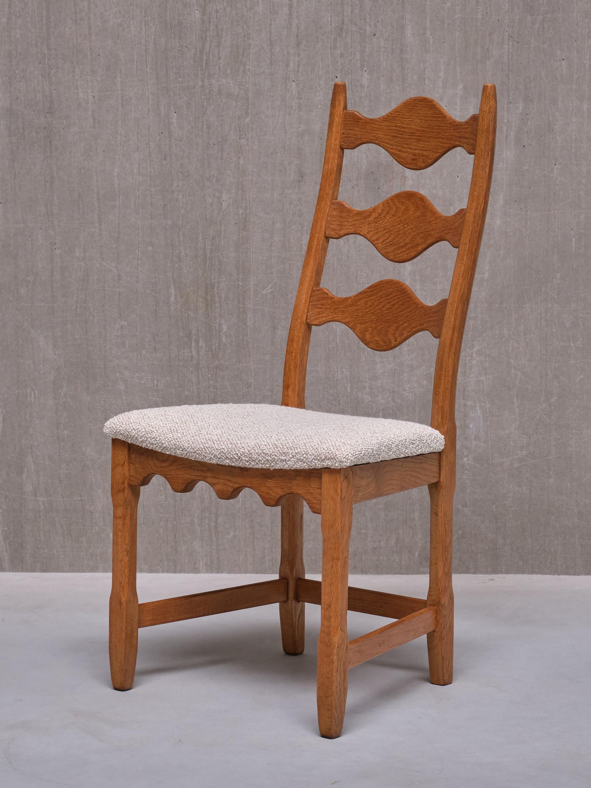 Set of 8 Henning Kjærnulf Dining Chairs, Oak and Ivory Bouclé, Denmark, 1960s 10