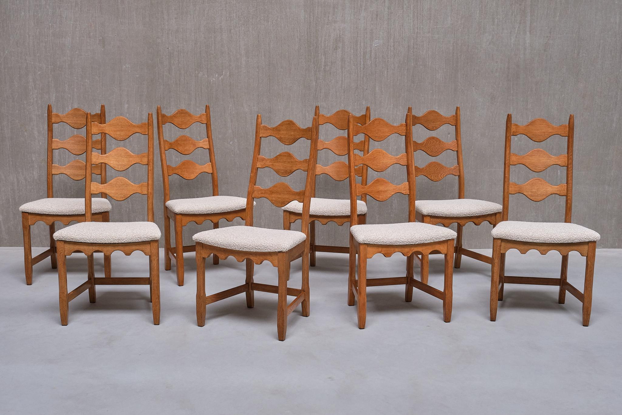 Set of 8 Henning Kjærnulf Dining Chairs, Oak and Ivory Bouclé, Denmark, 1960s 12