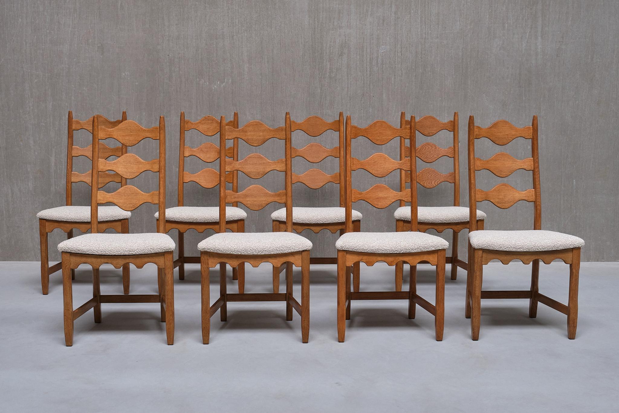 This striking set of eight dining chairs was designed by Henning (Henry) Kjærnulf in the 1960s. Additional chairs to make a set of 9 or 10 are available upon request.  The chairs were produced by Nyrup Møbelfabrik in Denmark and form a rare variant