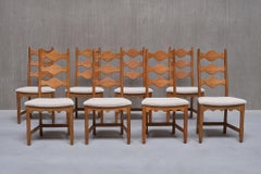 Ensemble de 8 chaises de salle à manger Henning Kjærnulf, Oak et bouclé ivoire, Danemark, années 1960