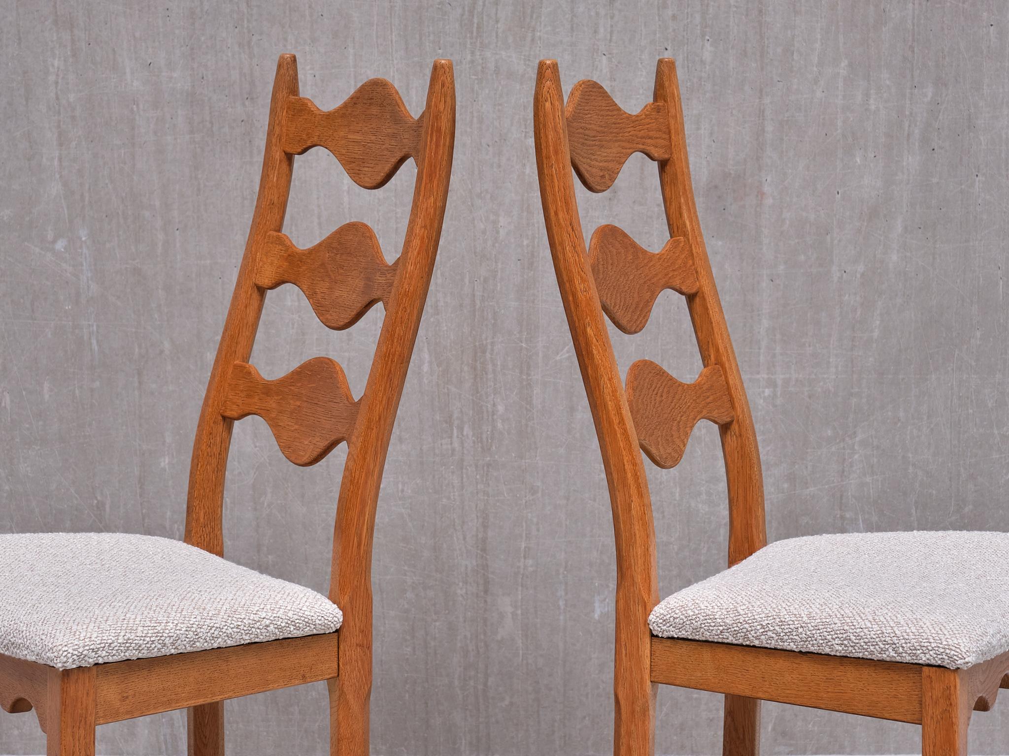 Fabric Set of 8 Henning Kjærnulf Dining Chairs, Oak and Ivory Bouclé, Denmark, 1960s