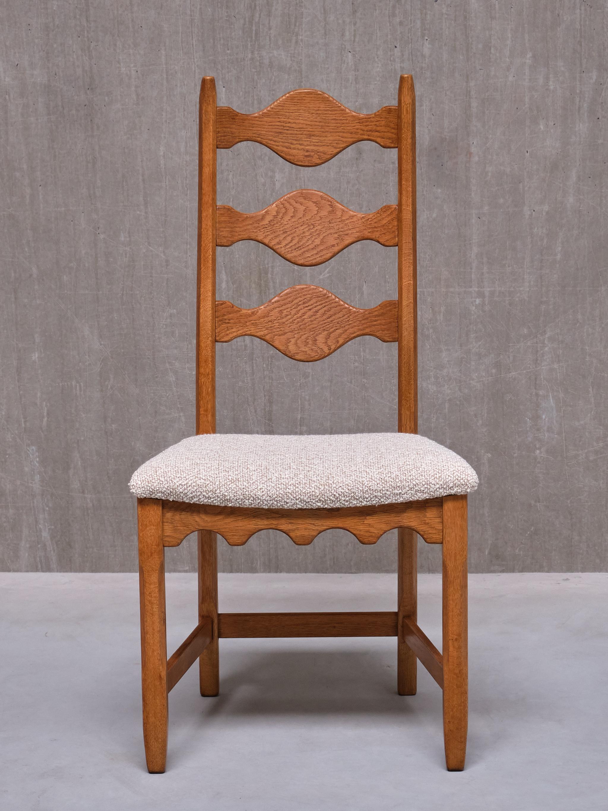 Set of 8 Henning Kjærnulf Dining Chairs, Oak and Ivory Bouclé, Denmark, 1960s 2