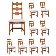 Set of 8 Henning Kjærnulf Dining Chairs, Oak and Ivory Bouclé, Denmark, 1960s