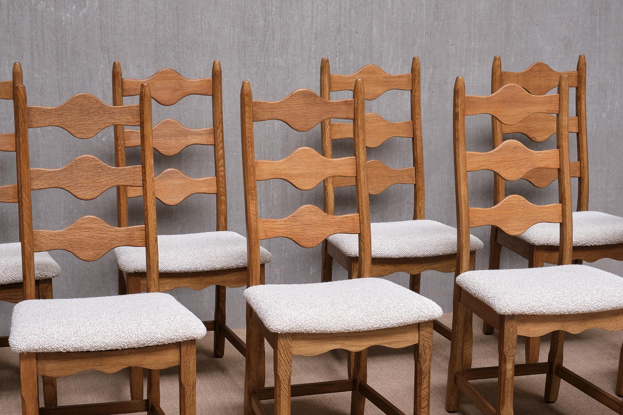 Scandinavian Modern Set of 8 Henning Kjærnulf Dining Chairs, Oak and Rubelli Bouclé, Denmark, 1960s