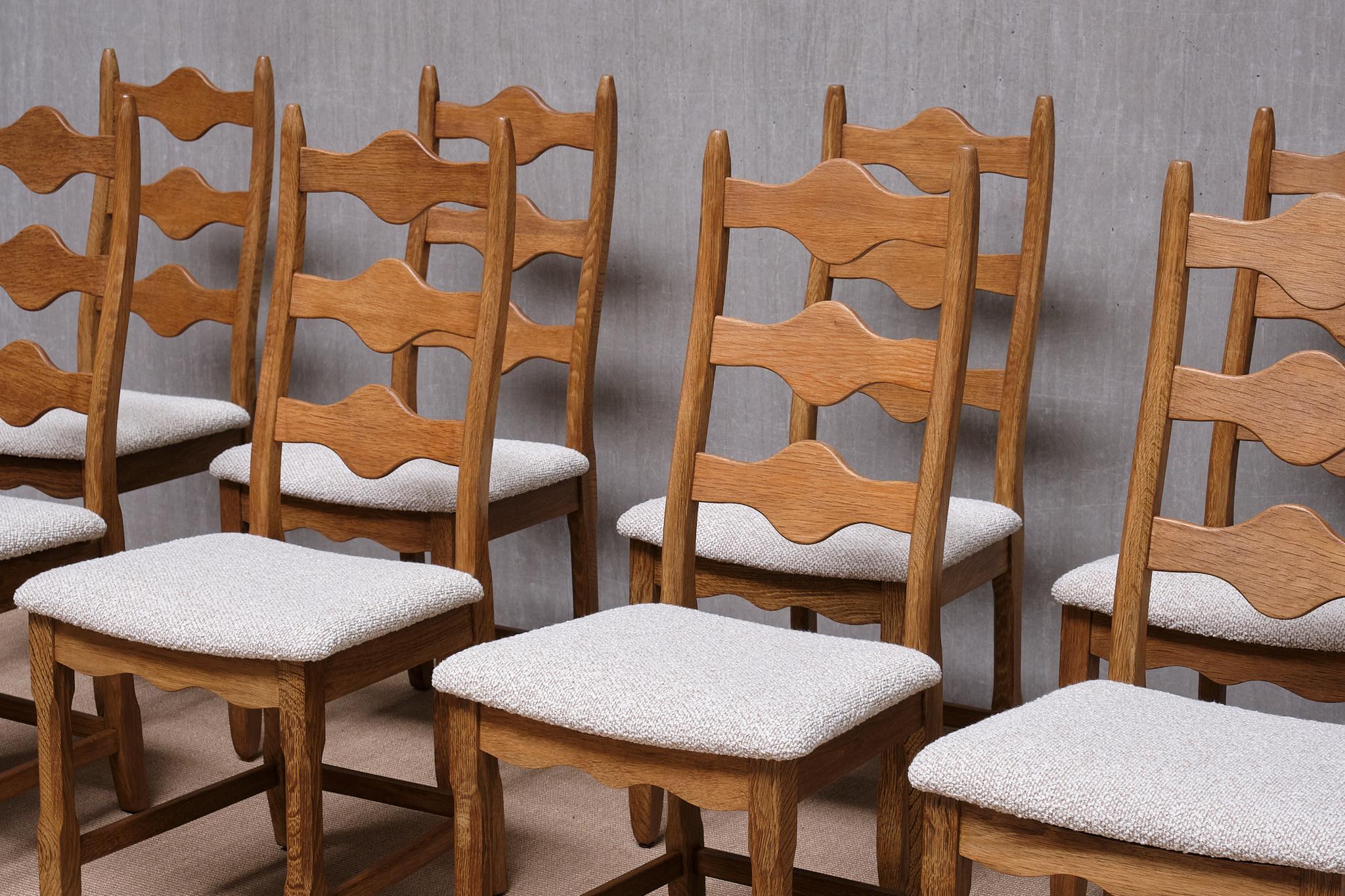 Danish Set of 8 Henning Kjærnulf Dining Chairs, Oak and Rubelli Bouclé, Denmark, 1960s