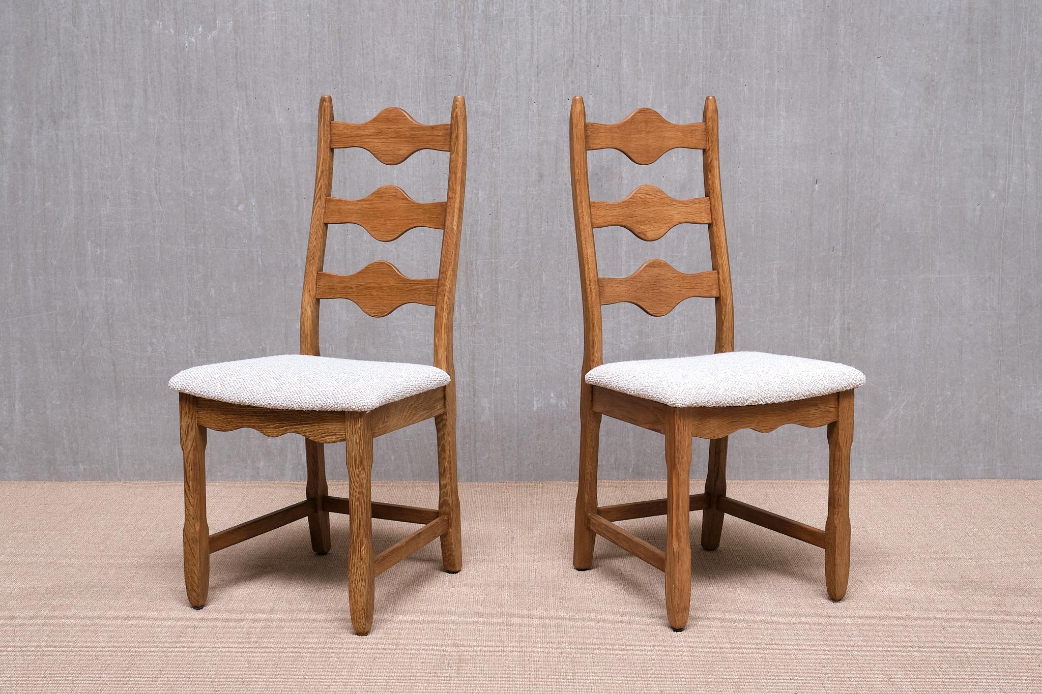 Mid-20th Century Set of 8 Henning Kjærnulf Dining Chairs, Oak and Rubelli Bouclé, Denmark, 1960s