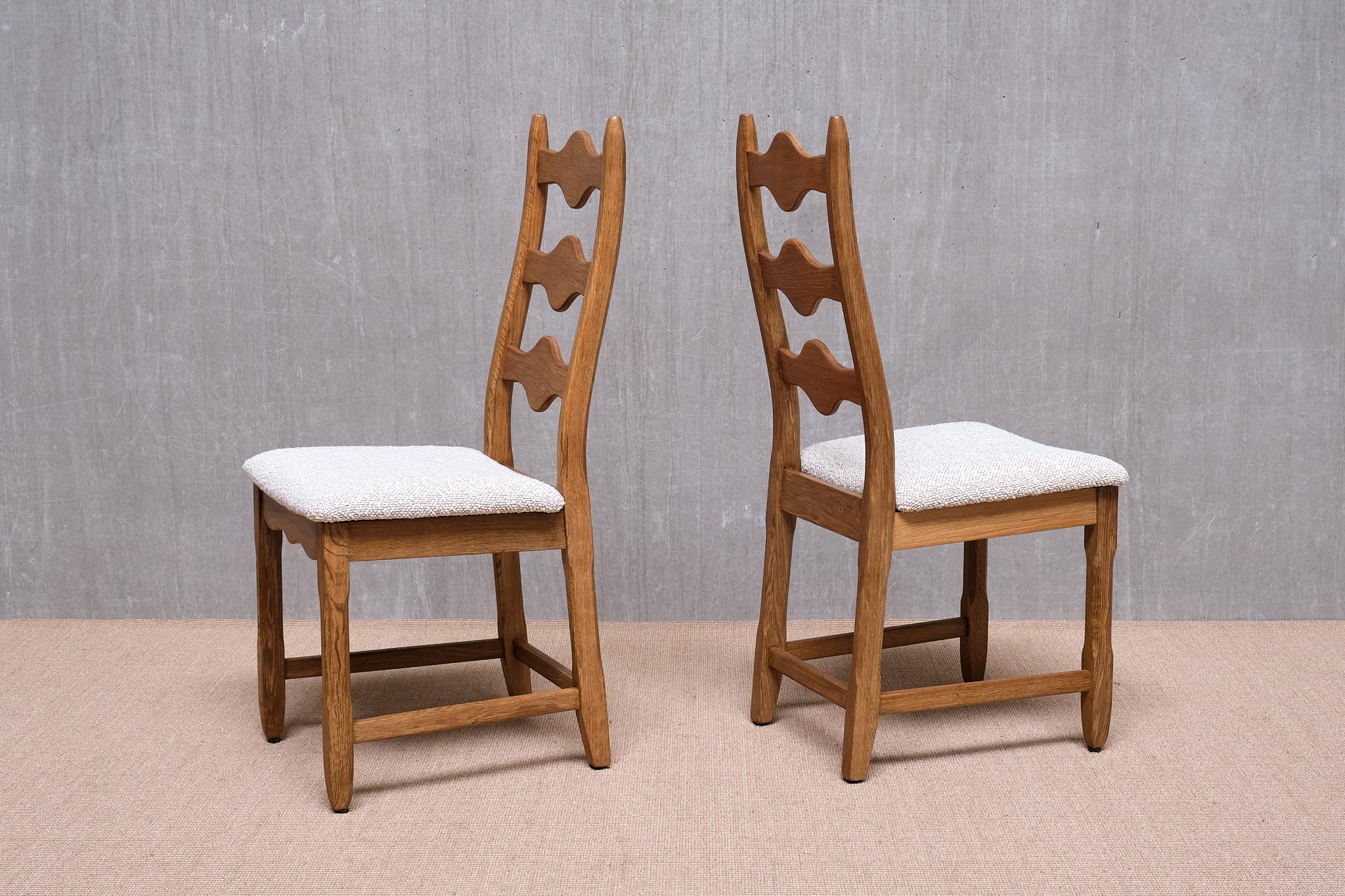Fabric Set of 8 Henning Kjærnulf Dining Chairs, Oak and Rubelli Bouclé, Denmark, 1960s