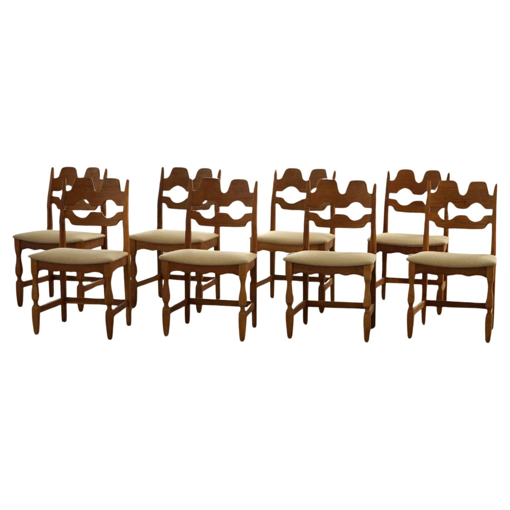 Set of 8 Henning Kjærnulf "Razorblade" Chairs in Oak & Hessian, 1960s For Sale