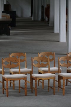 Set of 8 Henning Kjærnulf “Razorblade” Dining Chairs in Oak & Mohair, 1960s