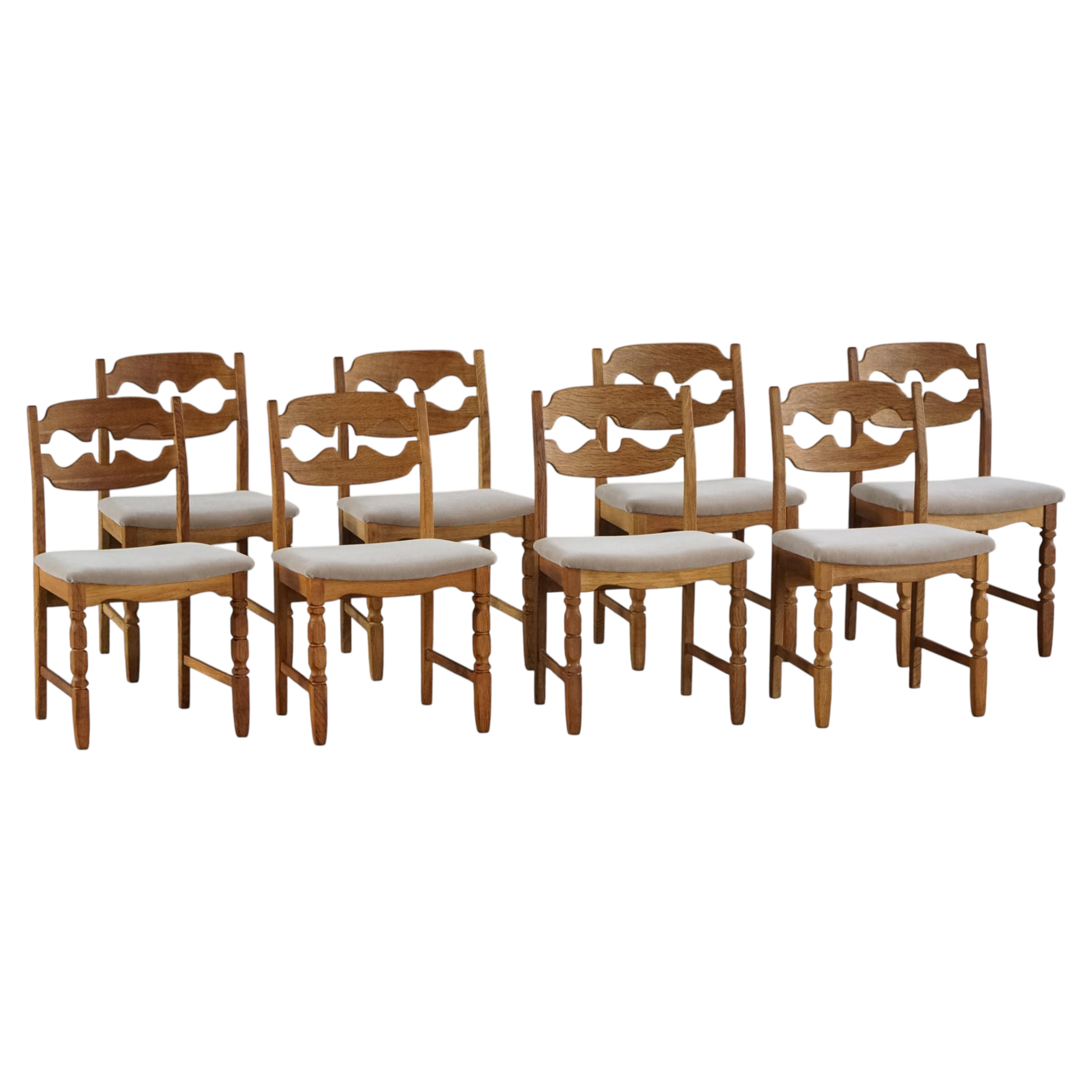 Set of 8 Henning Kjærnulf “Razorblade” Dining Chairs in Oak & Mohair, 1960s