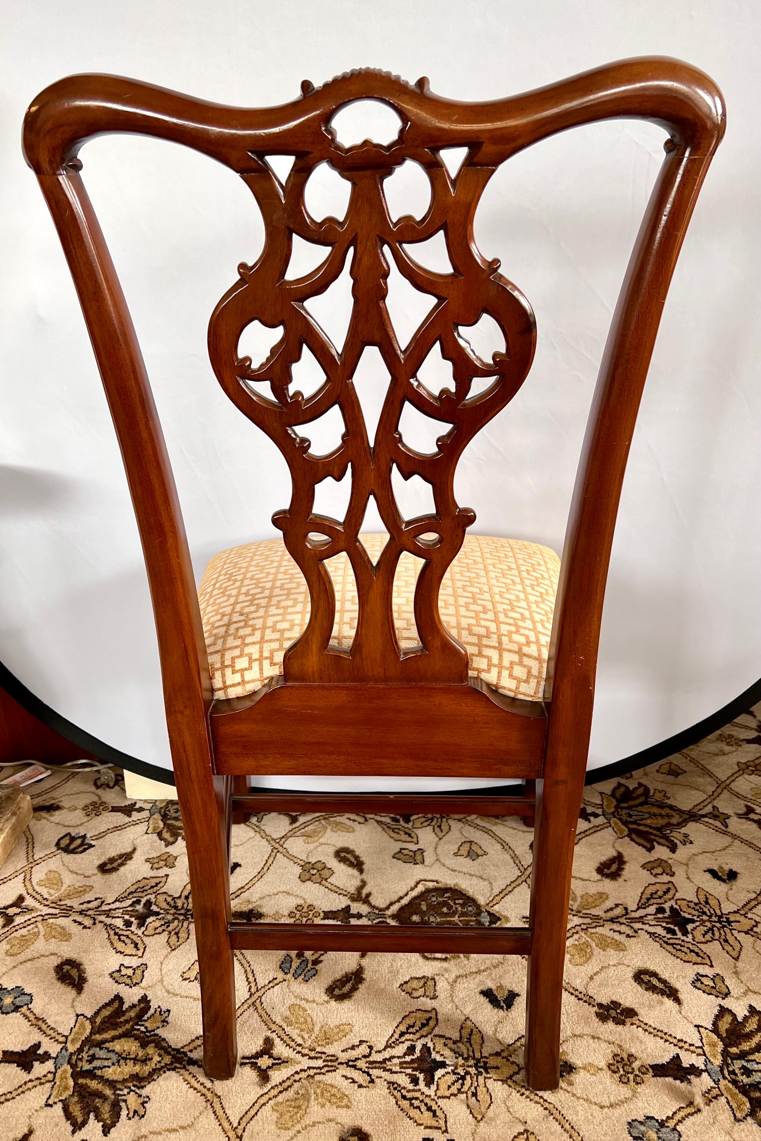 Fabric Set of 8 Henredon Carved Mahogany Dining Chairs 