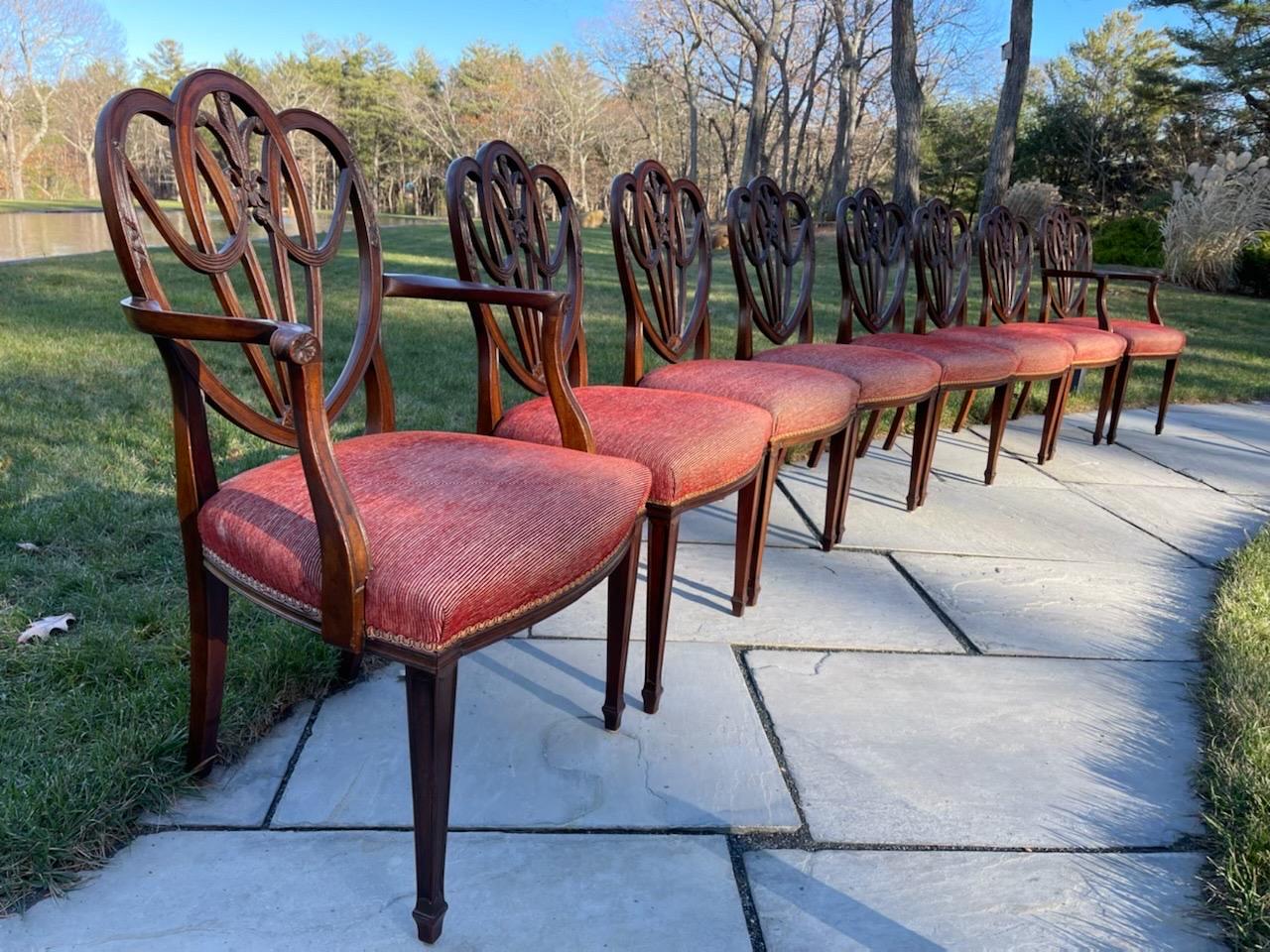 A superb set of eight English custom mahogany Hepplewhite style dining chairs. The heart shaped backs are finely hand carved with a Windsor feathers in the center and jabots connecting the vertical risers. The legs are tapered and end in spade feet.