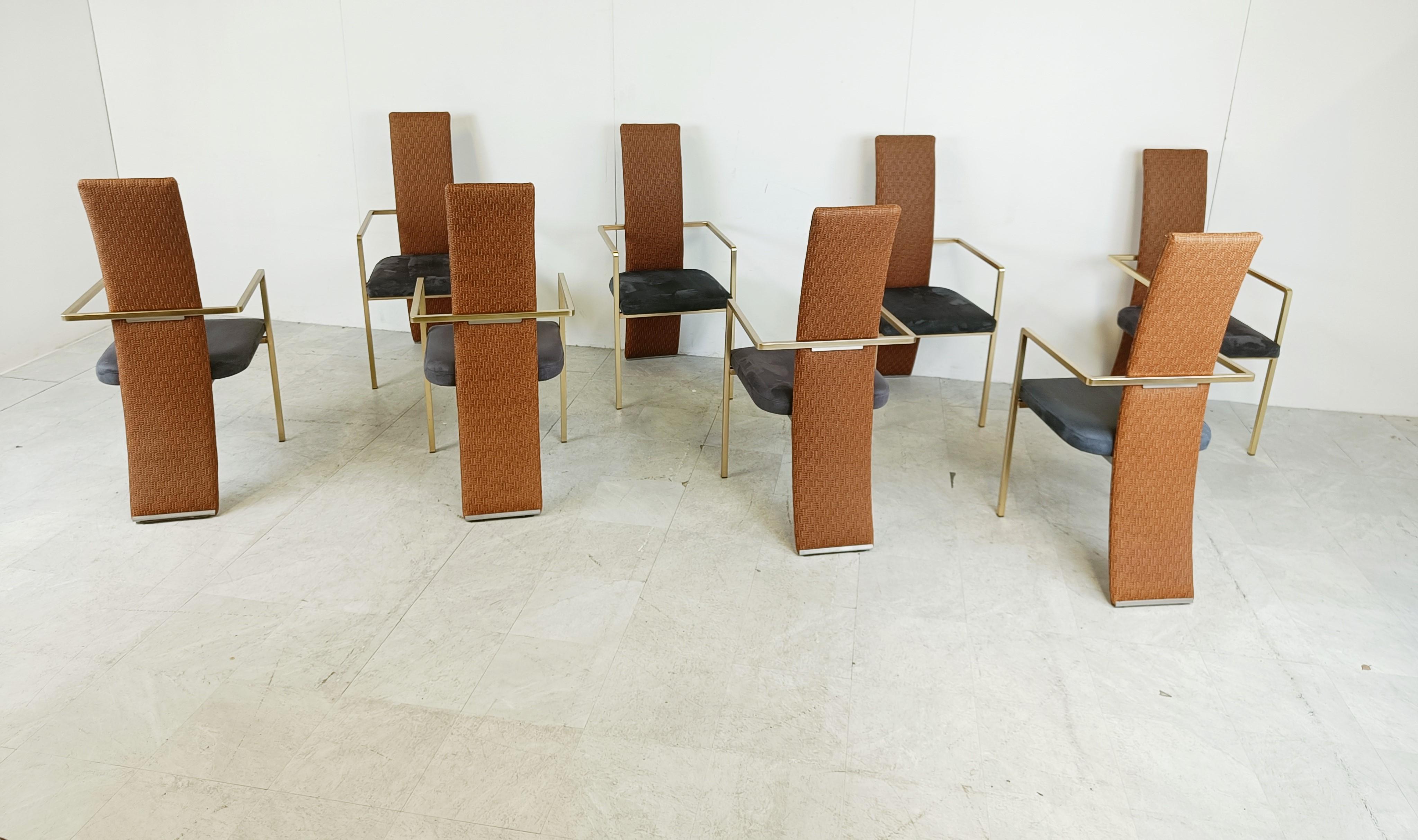 Laiton Ensemble de 8 chaises de salle à manger à haut dossier Belgochrom, 1970  en vente