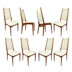 Set of 8 High Back Danish Teak Dining Chairs in Cream Color Fabric