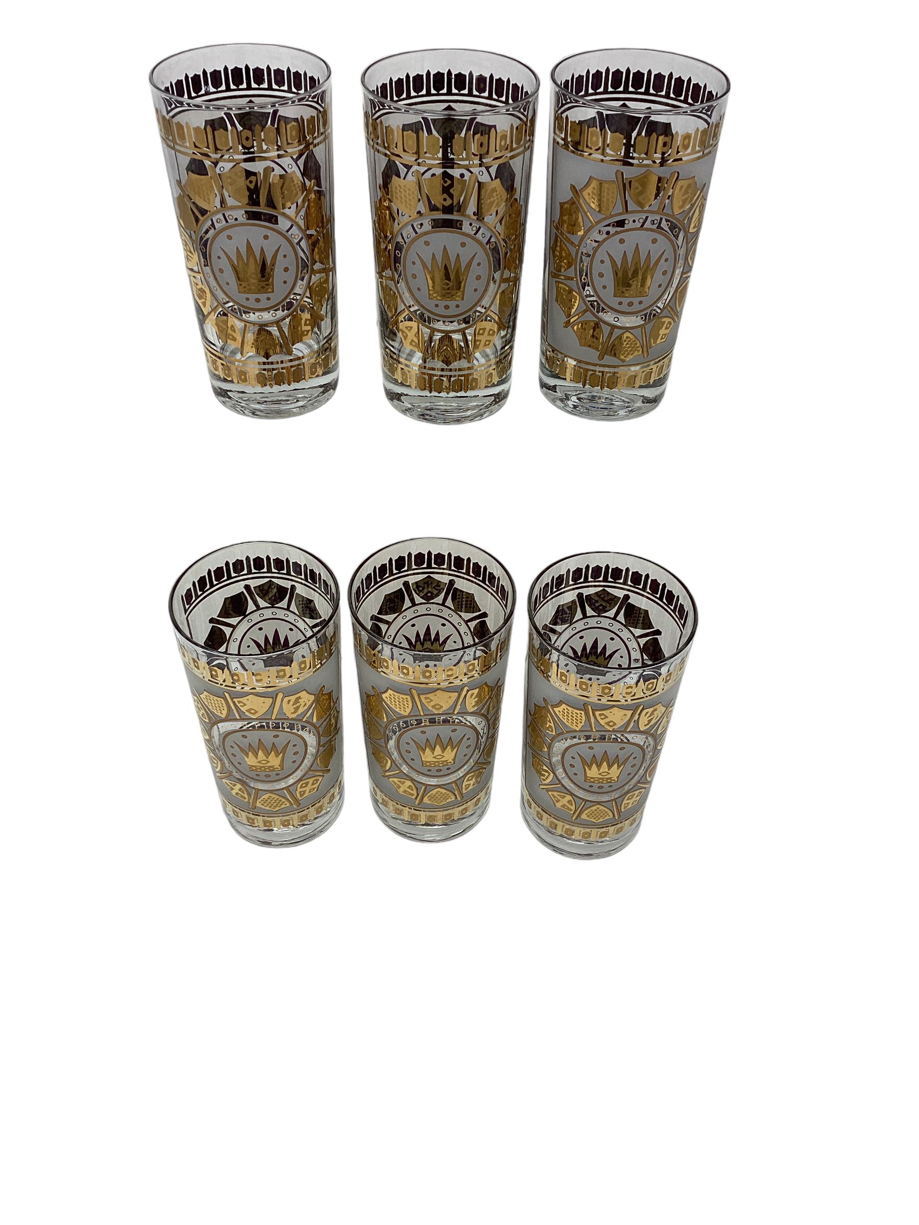 Mid-Century Modern Set of 6 Highball Glasses with Crowns and Shields Decoration. For Sale