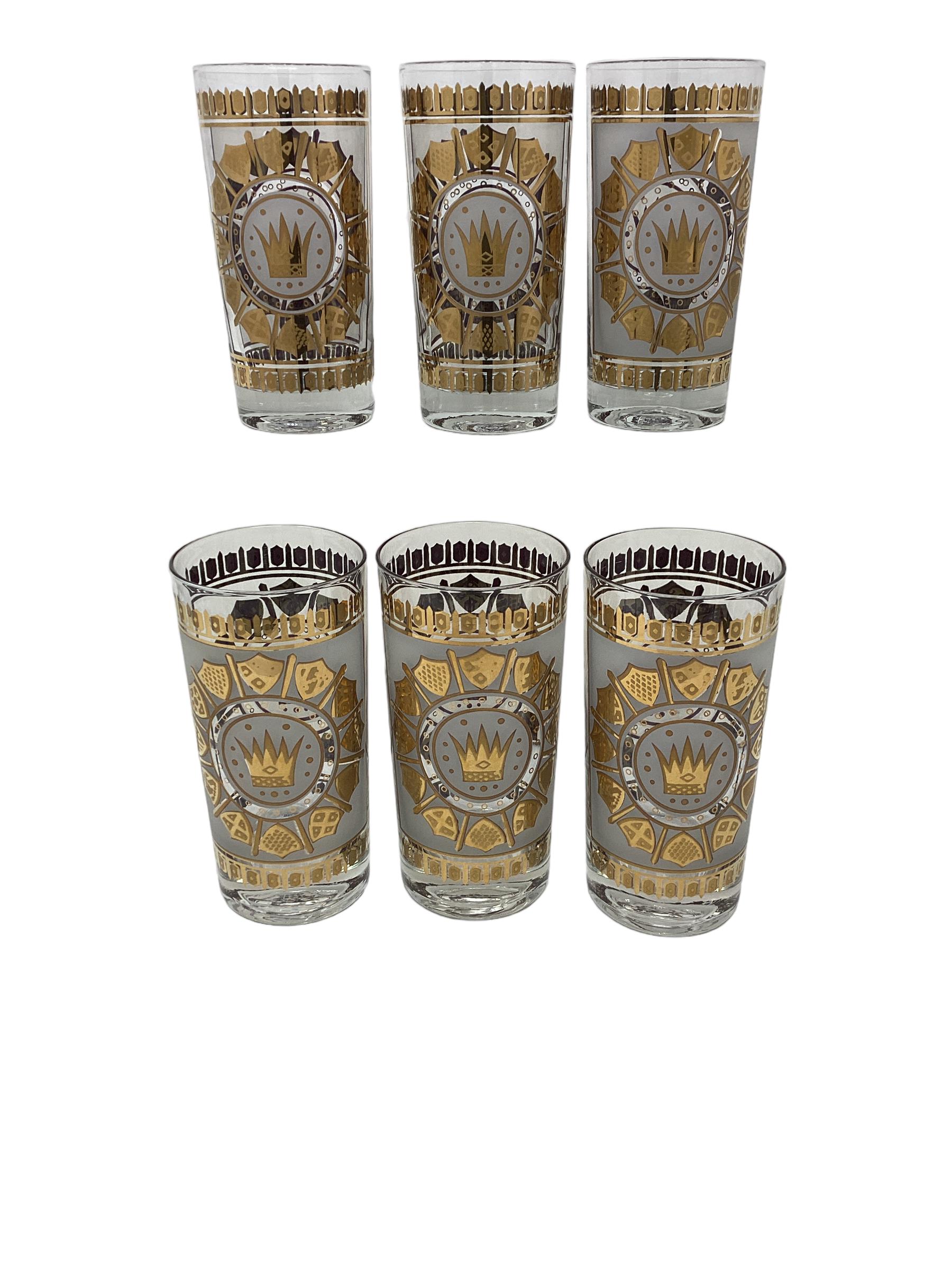 American Set of 6 Highball Glasses with Crowns and Shields Decoration. For Sale